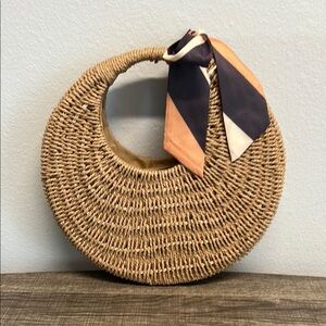 Madison West Tan Woven Hobo Bag with Orange and Black Scarf